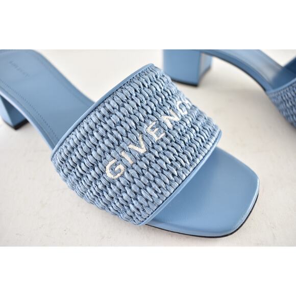 Givenchy 4G Denim Blue Raffia Logo Leather Slide On Mule Block Heel Sandal 37 - Picture 7 of 15